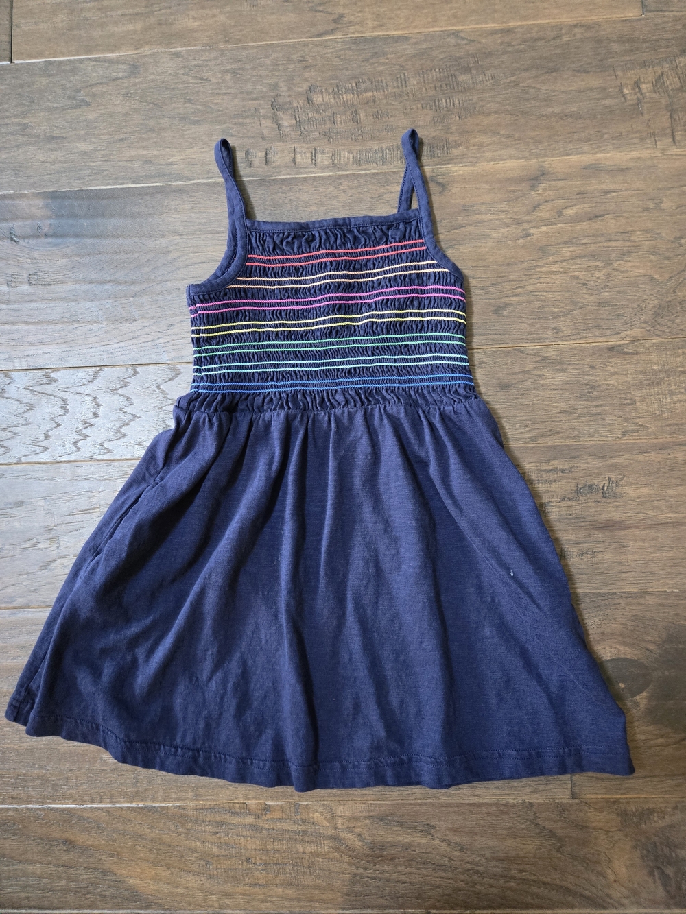 Primary Kids Navy Tank Dress with Rainbow Smocked Stripes